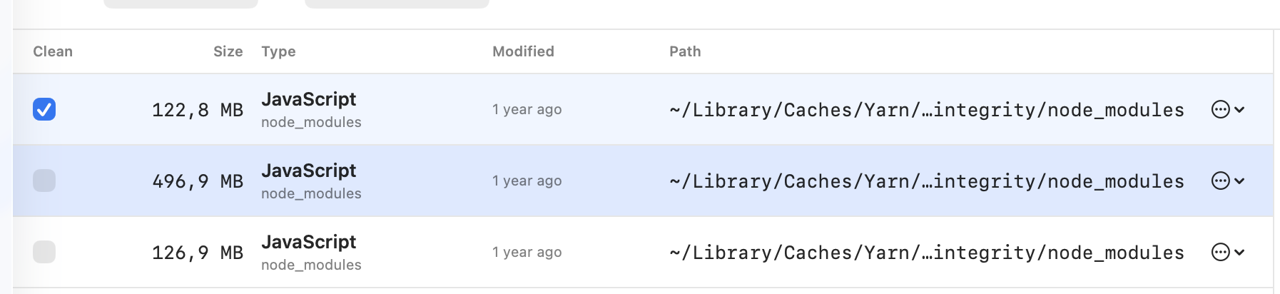 DevClean review table showing cleanup folders with checkboxes, sizes, folder types, modified dates, and paths.